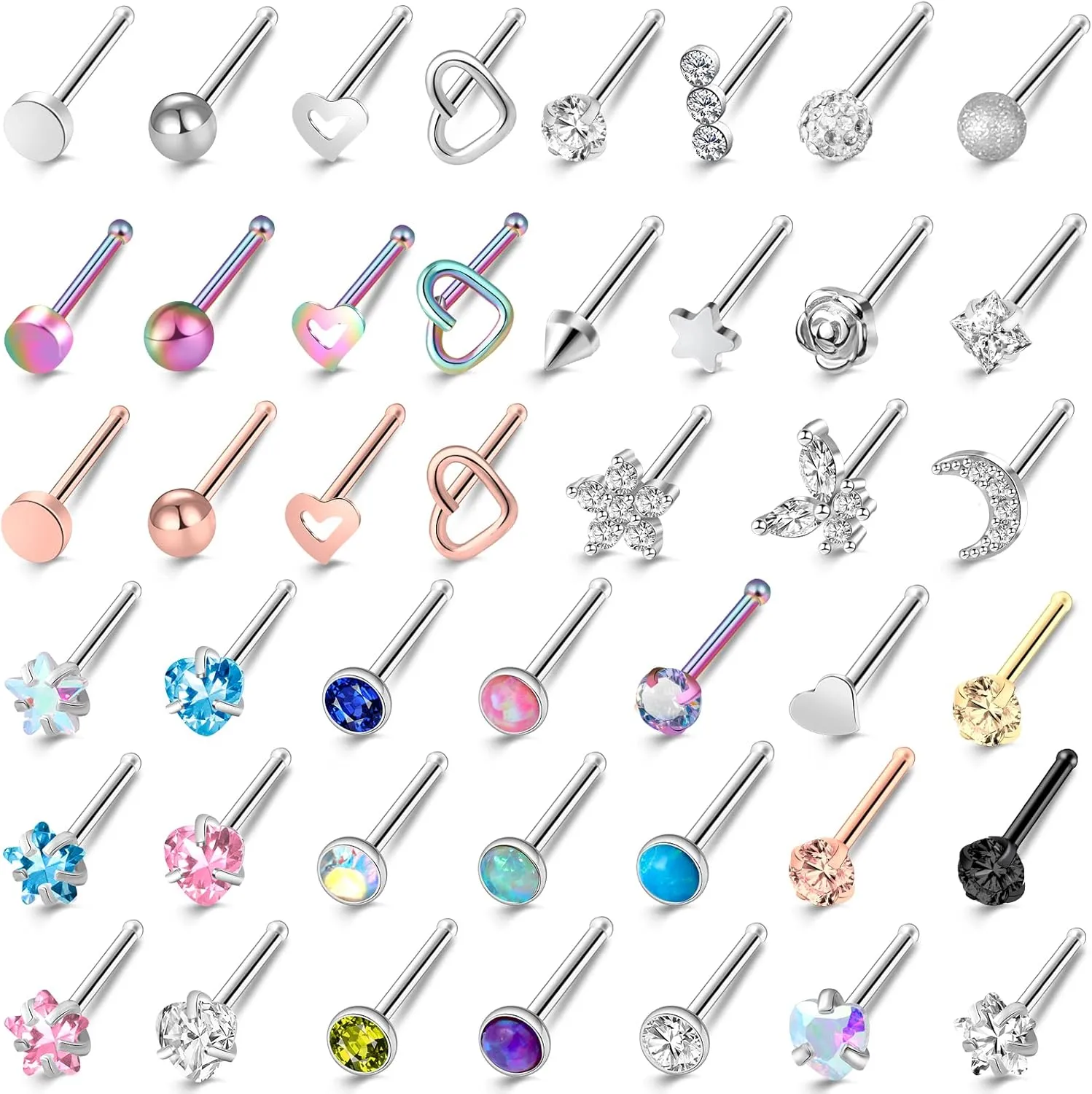 ONESING 36-44 Pcs 18G 20G Nose Rings Studs Nose Rings for Women Nose Piercings Jewelry Surgical Stainless Steel Nose Studs Moon Star Heart Butterfly Hypoallergenic Body Piercing Jewelry for Women Men