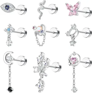ORAZIO 9 Pcs Cartilage Earrings For Women 16G Screw Flat Back Earrings Stainless Steel Tragus Stud Earrings Heart Star CZ Dangle Helix Daith Piercing Earrings Cute Cartilage Piercing Jewelry