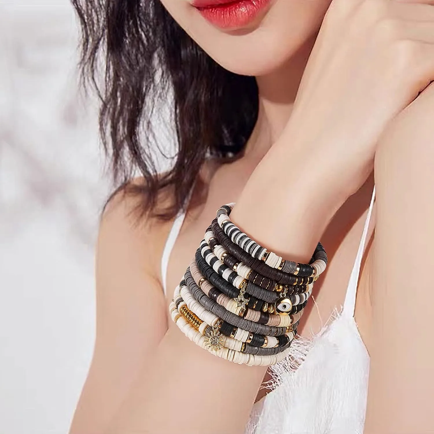 Ornaland Heishi Surfer Bracelets Set Polymer Clay Heishi Beads Stretch Bracelets Bohemia Summer Beach Jewelry for Women