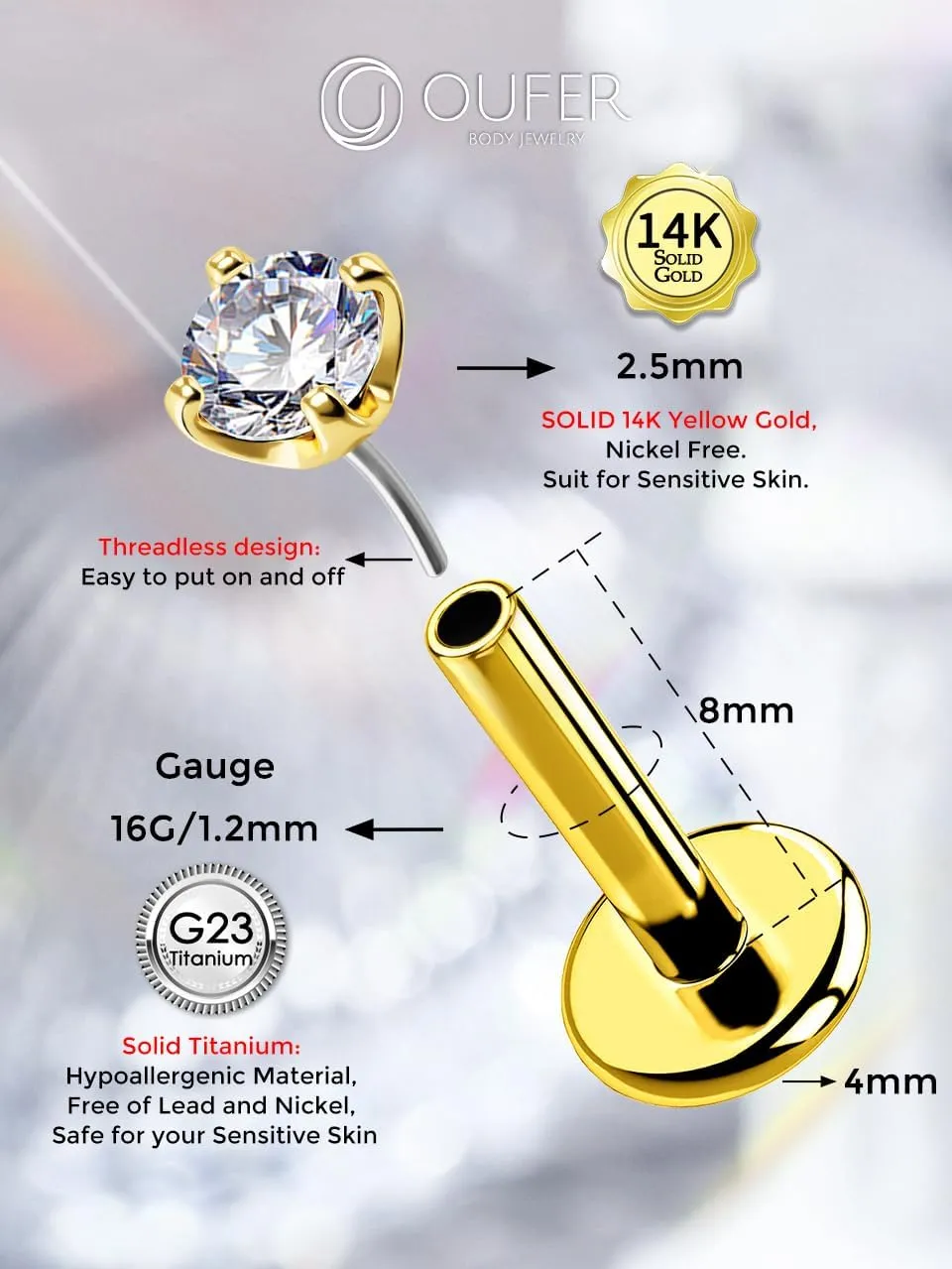 OUFER 16G Lip Ring, 14K Solid Gold Lip Ring Studs, Push-Pin Lip Piercing Jewelry, G23 Solid Titanium Bar Labret Jewelry, Cartilage Helix Tragus Piercing Jewelry For Women And Men