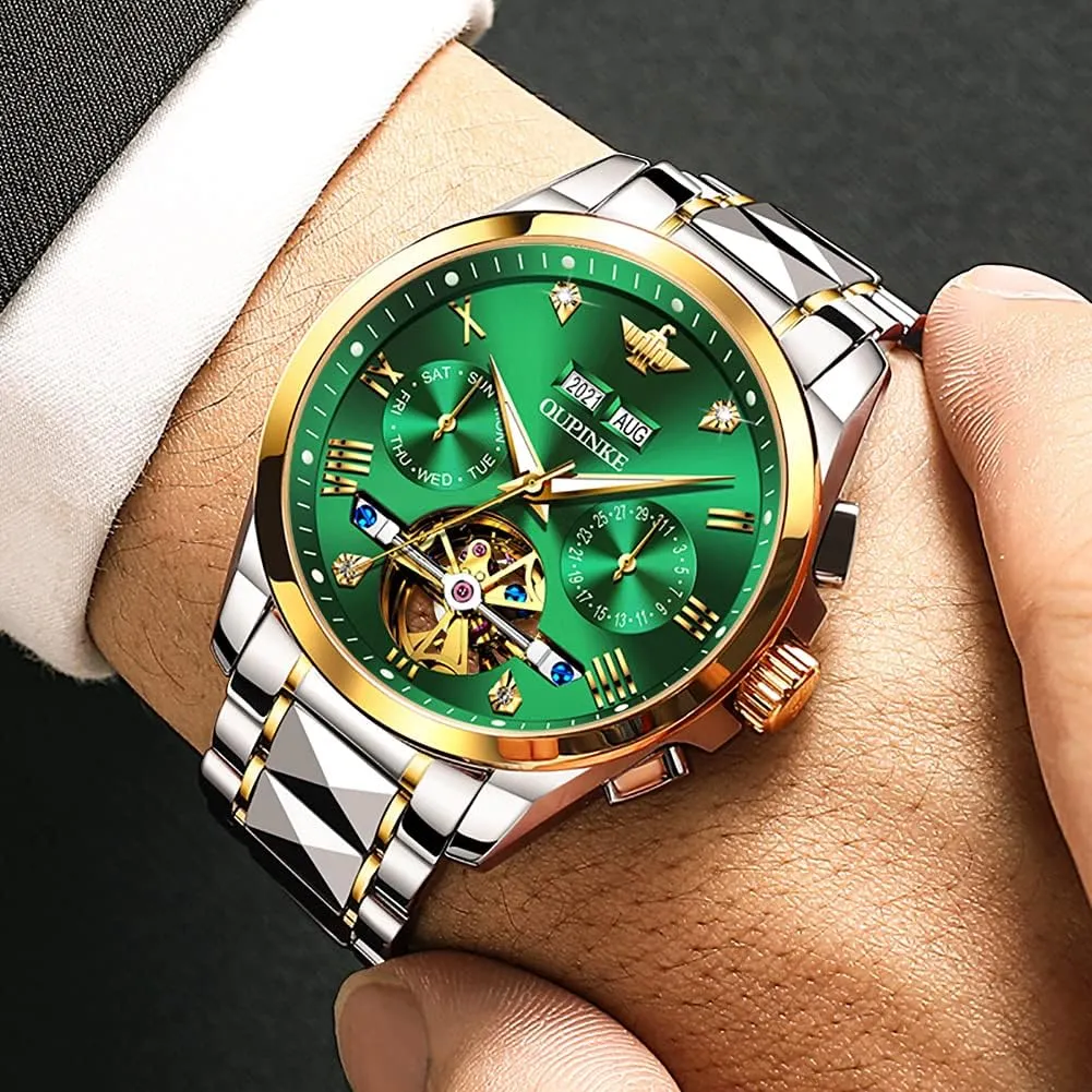 OUPINKE Men's Watch Automatic Designer Big Face Luxury Mechanical Skeleton Dress Business Wrist Watches Two Tone Tungsten Steel Waterproof Sapphire Calendar