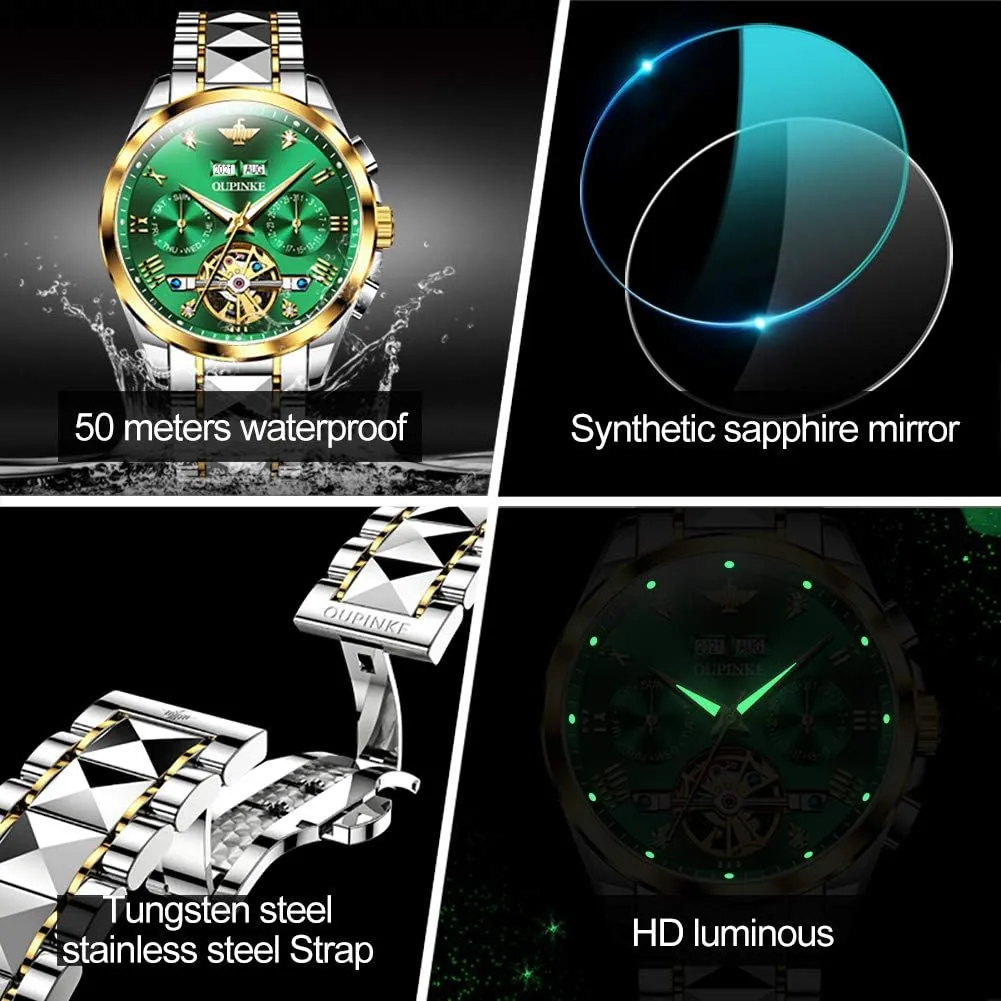 OUPINKE Men's Watch Automatic Designer Big Face Luxury Mechanical Skeleton Dress Business Wrist Watches Two Tone Tungsten Steel Waterproof Sapphire Calendar