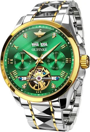 OUPINKE Men's Watch Automatic Designer Big Face Luxury Mechanical Skeleton Dress Business Wrist Watches Two Tone Tungsten Steel Waterproof Sapphire Calendar