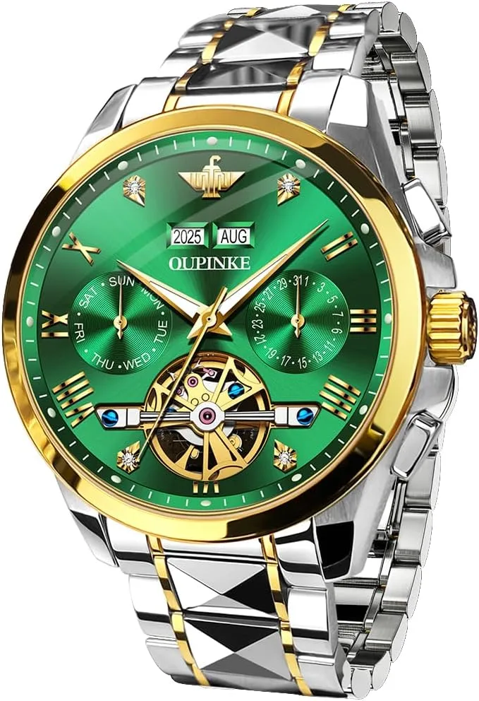 OUPINKE Men's Watch Automatic Designer Big Face Luxury Mechanical Skeleton Dress Business Wrist Watches Two Tone Tungsten Steel Waterproof Sapphire Calendar