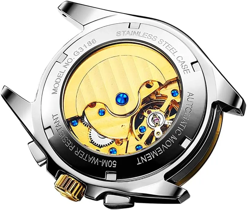 OUPINKE Men's Watch Automatic Designer Big Face Luxury Mechanical Skeleton Dress Business Wrist Watches Two Tone Tungsten Steel Waterproof Sapphire Calendar