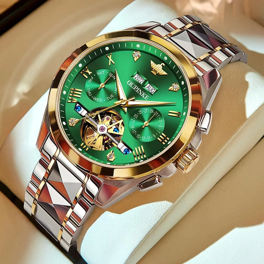 OUPINKE Men's Watch Automatic Designer Big Face Luxury Mechanical Skeleton Dress Business Wrist Watches Two Tone Tungsten Steel Waterproof Sapphire Calendar