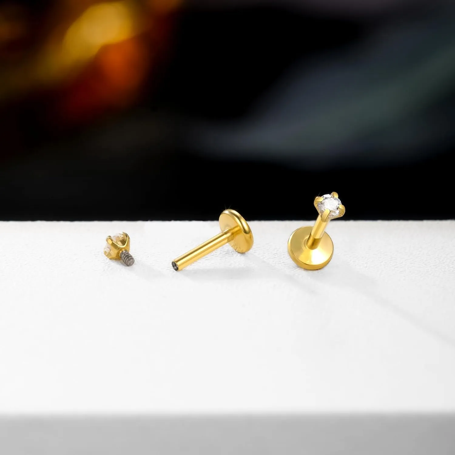 Oveta Titanium Flat Back Studs Earrings for Tragus Cartilage Piercing Jewelry Internally Threaded Nose Rings Studs 18G 16G, Silver/Gold, 2PCS