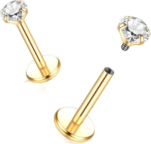 Oveta Titanium Flat Back Studs Earrings for Tragus Cartilage Piercing Jewelry Internally Threaded Nose Rings Studs 18G 16G, Silver/Gold, 2PCS