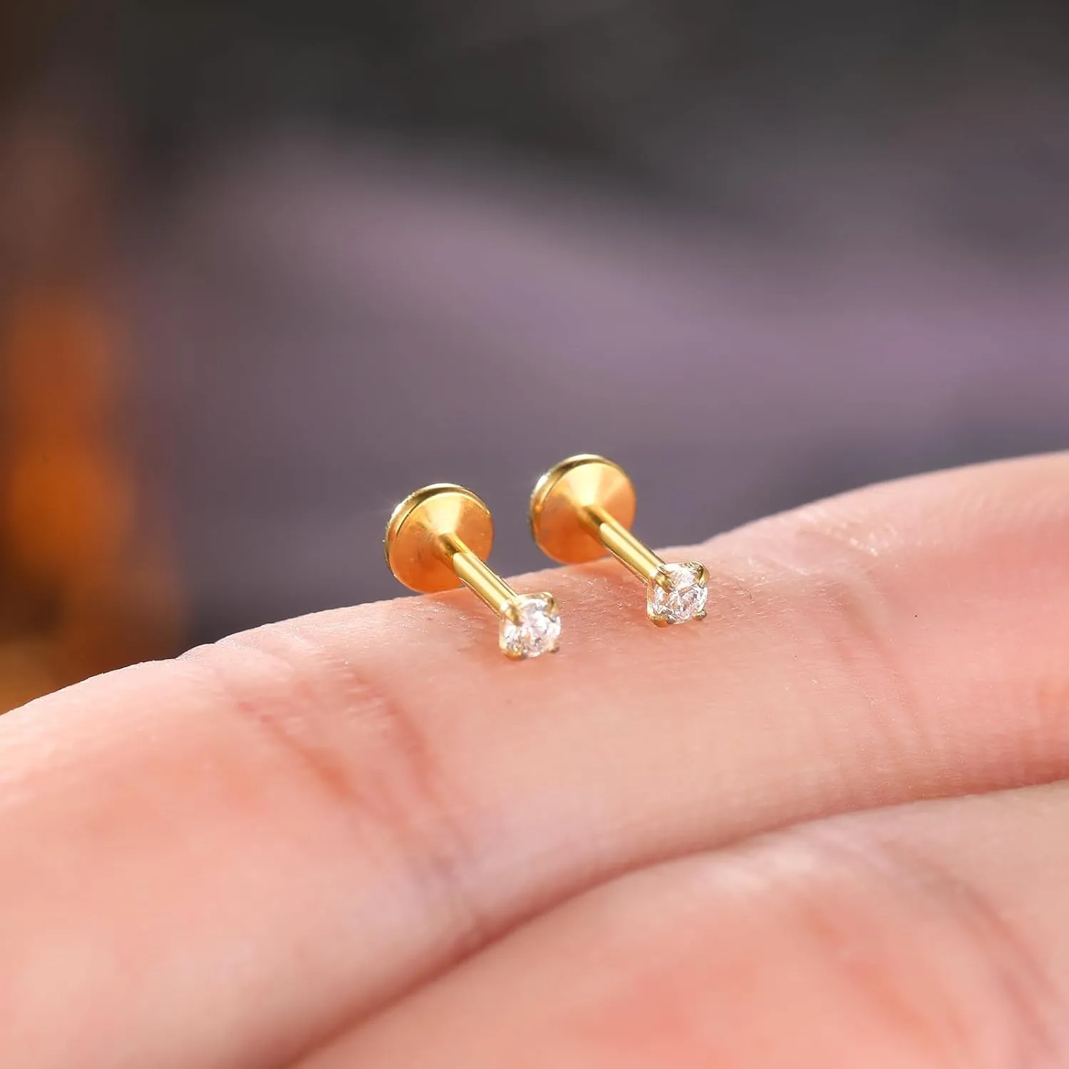 Oveta Titanium Flat Back Studs Earrings for Tragus Cartilage Piercing Jewelry Internally Threaded Nose Rings Studs 18G 16G, Silver/Gold, 2PCS