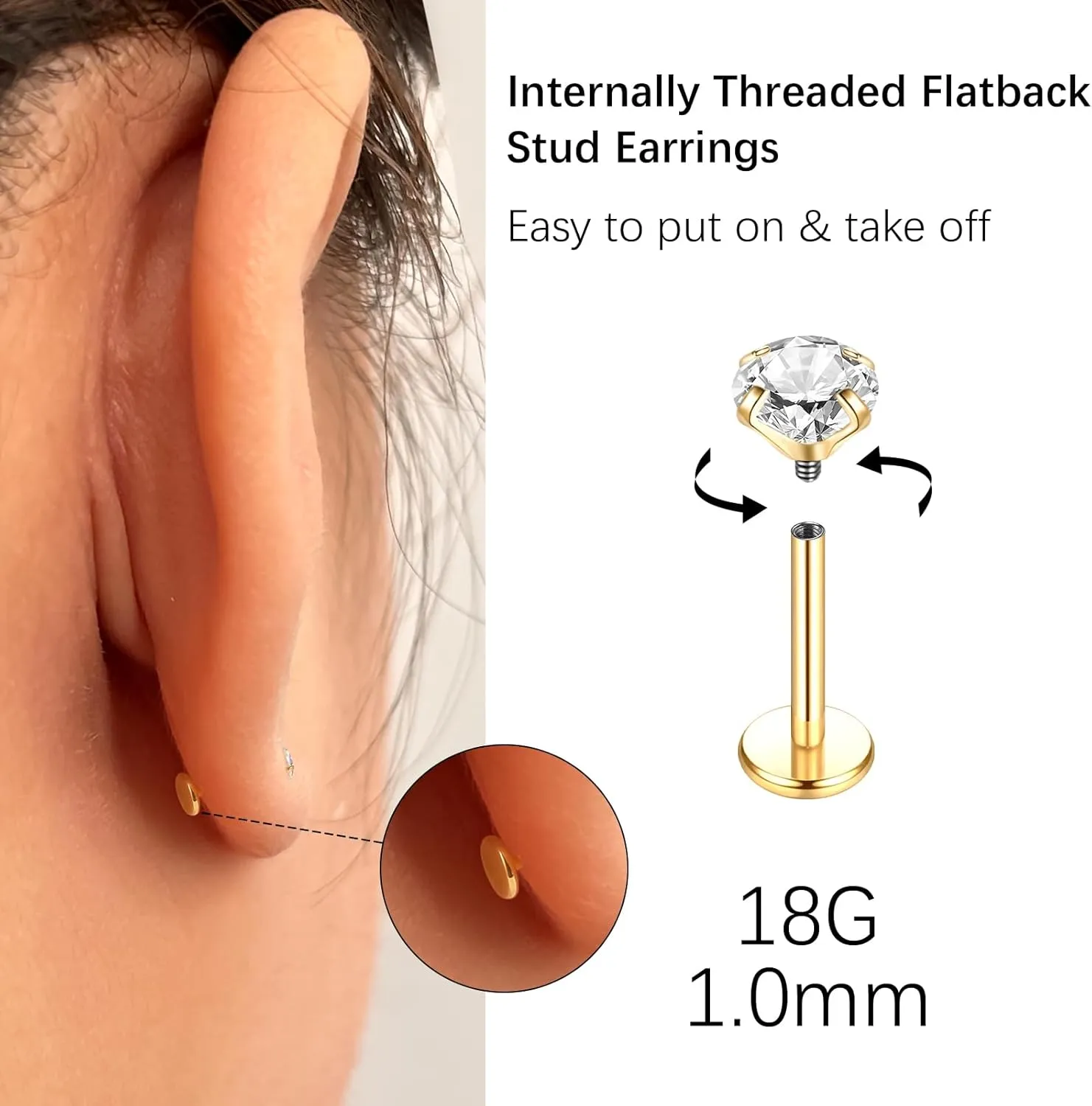 Oveta Titanium Flat Back Studs Earrings for Tragus Cartilage Piercing Jewelry Internally Threaded Nose Rings Studs 18G 16G, Silver/Gold, 2PCS