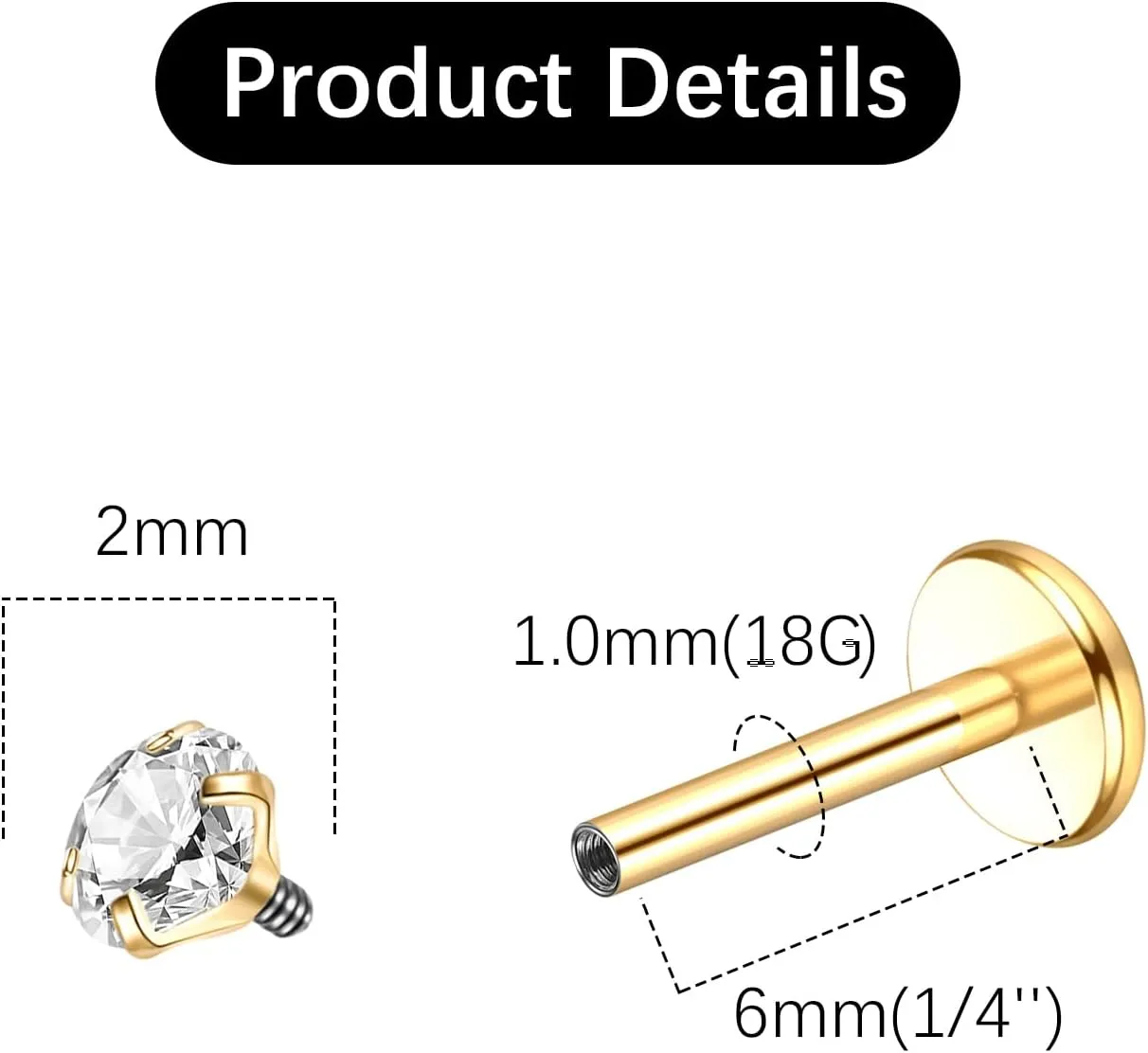 Oveta Titanium Flat Back Studs Earrings for Tragus Cartilage Piercing Jewelry Internally Threaded Nose Rings Studs 18G 16G, Silver/Gold, 2PCS