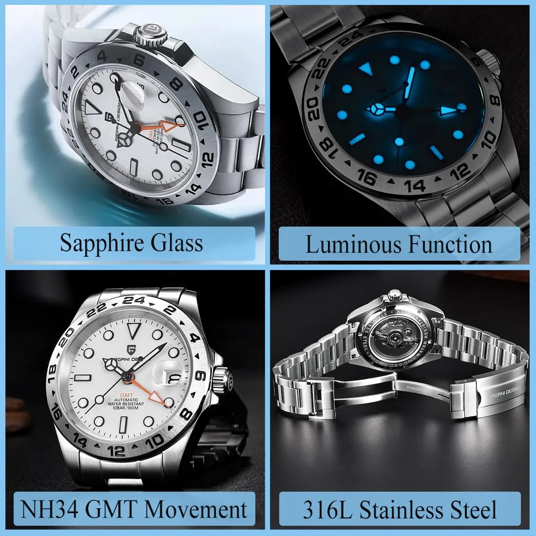 Pagani Design Watches for Men Automatic Mechanical GMT Watch Japan NH34 Movement Stainless Steel 40mm Waterproof Diver Business Men's Wrist Watches