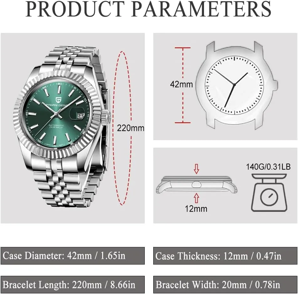 Pagani Design Watches for Men NH35 Movement Automatic Watch Stainless Steel Sapphire Glass 42MM Stair Shape Bezel 100M Water Resistant Men's Wrist Watches