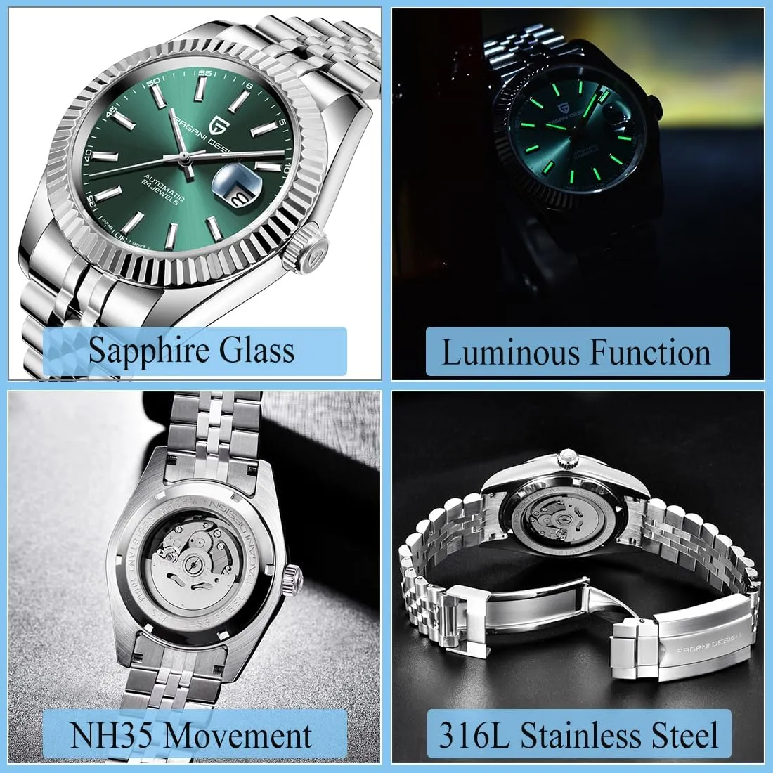 Pagani Design Watches for Men NH35 Movement Automatic Watch Stainless Steel Sapphire Glass 42MM Stair Shape Bezel 100M Water Resistant Men's Wrist Watches