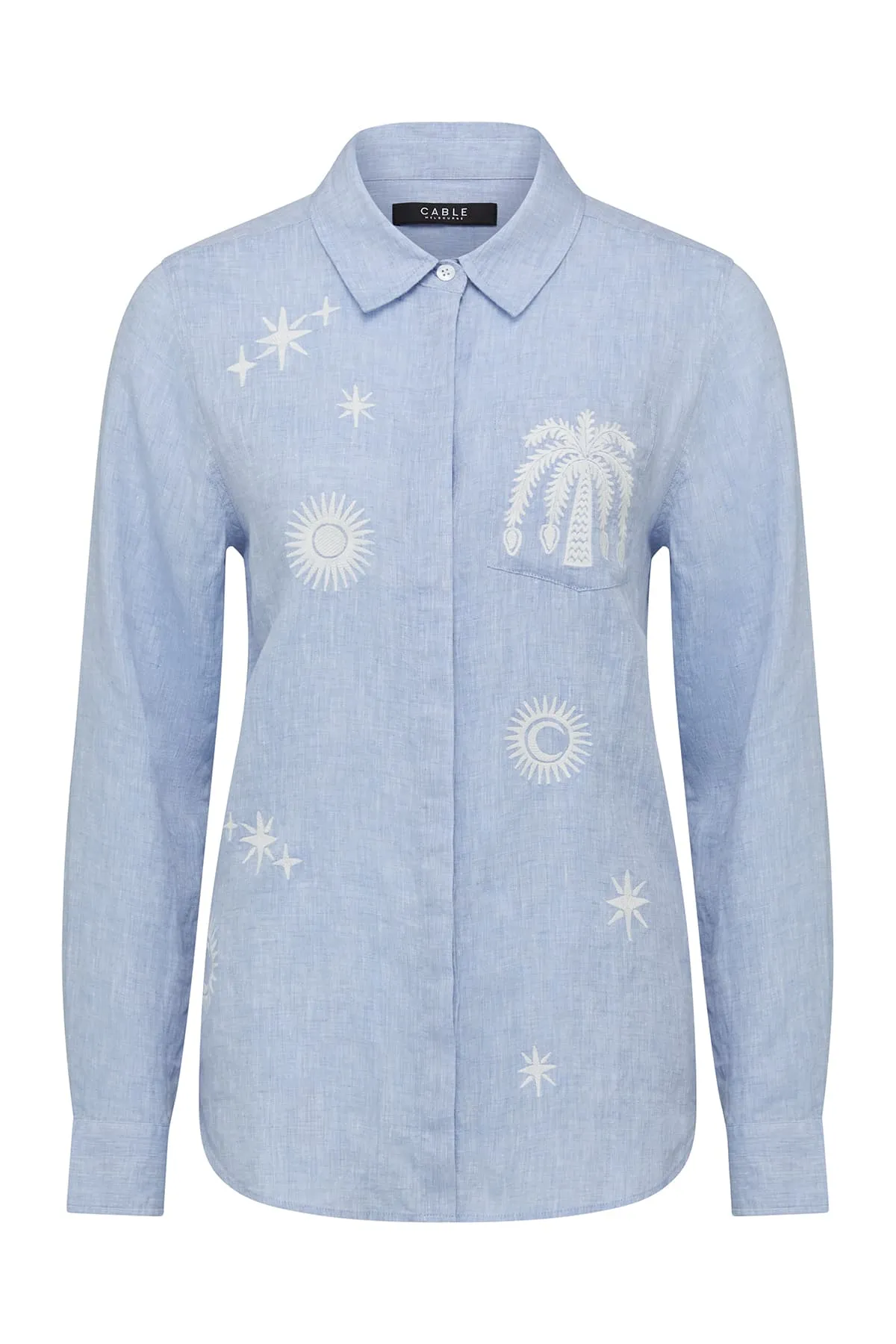 Palm Linen Embroidered Shirt - Blue Marle