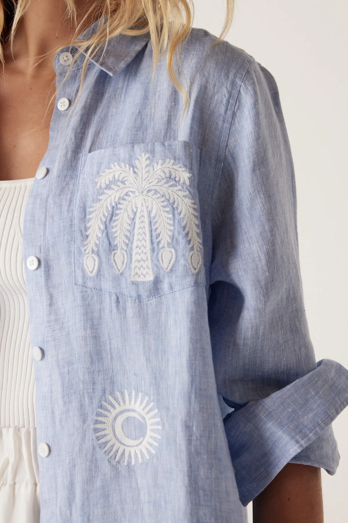 Palm Linen Embroidered Shirt - Blue Marle