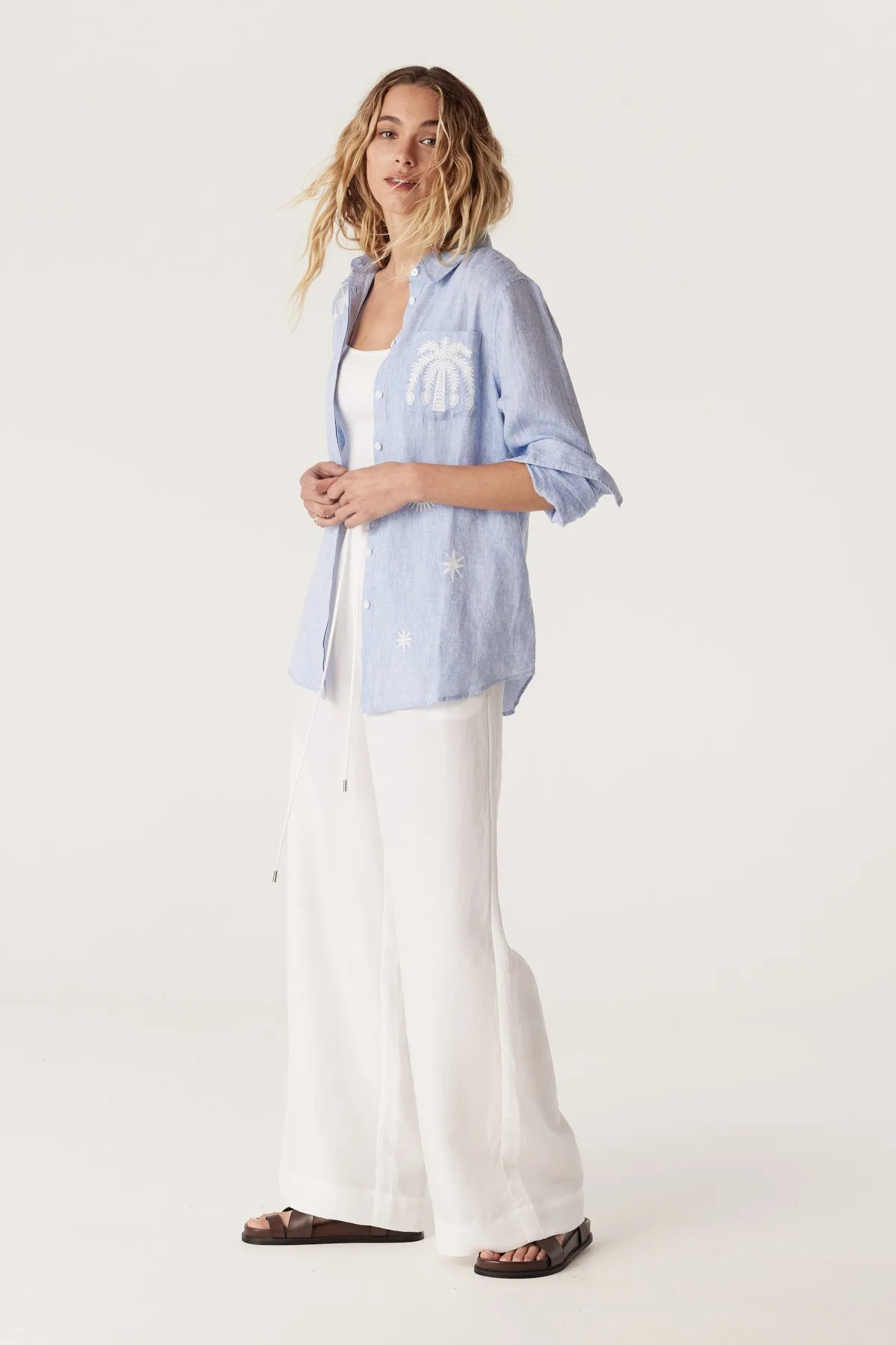 Palm Linen Embroidered Shirt - Blue Marle