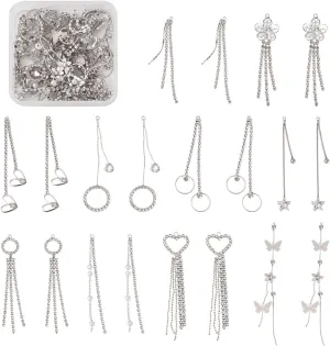 Pandahall 14Pcs Rhinestone Tassel Earrings Charms Long Chain Tassel Dangle Earrings Drop Crystal Chandelier Earrings Sparkle Butterfly Heart Earrings for Women (Platinum)