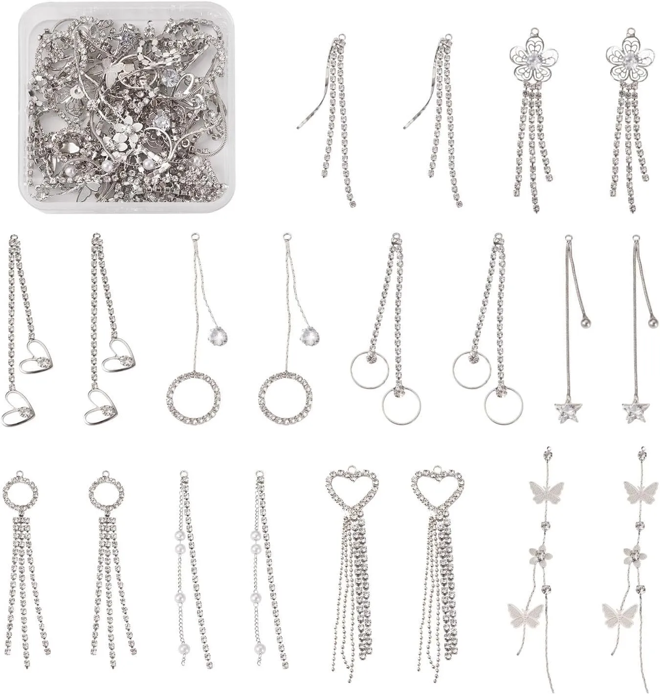Pandahall 14Pcs Rhinestone Tassel Earrings Charms Long Chain Tassel Dangle Earrings Drop Crystal Chandelier Earrings Sparkle Butterfly Heart Earrings for Women (Platinum)