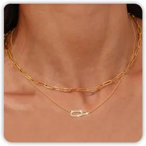 Paperclip Chain Necklace 14K Gold Paper Clip Necklace for Women Non Tarnish with Open Oval Zircon Pendant, Dainty Layered Choker as Gold Jewelry Set for Her Trendy Jewelry Summer Gifts