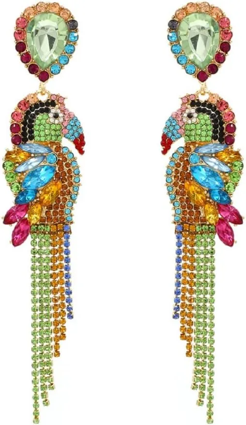 Parrot Earrings for Women, Cute Bird Parrot Tassel Earrings for Womens, Beaded Parrot Dangle Earrings Hypoallergenic, Tropical Parrot Animal Bohemian Drop Earrings, Sterling Silver, No Gemstone
