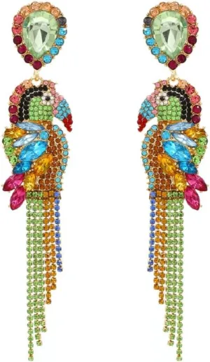 Parrot Earrings for Women, Cute Bird Parrot Tassel Earrings for Womens, Beaded Parrot Dangle Earrings Hypoallergenic, Tropical Parrot Animal Bohemian Drop Earrings, Sterling Silver, No Gemstone