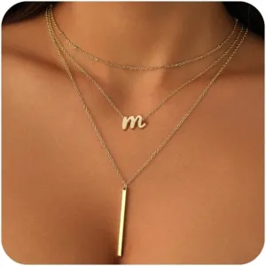 PDWZNBA Layered Initial Necklace for Women, 14K Real Gold Plated A-Z Letter Necklace Cute Initial Necklace 3-Layer Adjustable Necklace Set Trendy Jewelry Gifts for Women