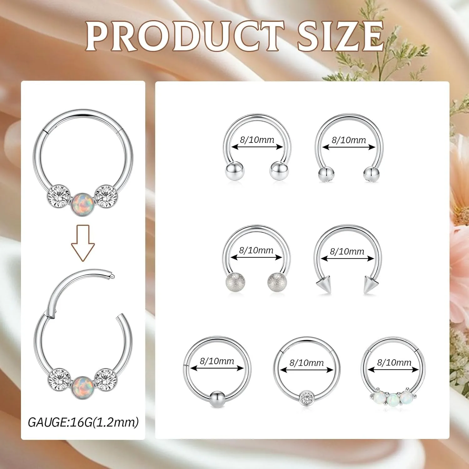 PEAKLINK 8PCS Horseshoe Septum Rings 16G Nose Hoop Rings Daith Earrings Surgical Steel Conch Cartilage Helix Hoop Earring Tragus Rook Lip Piercing Jewelry 8mm 10mm