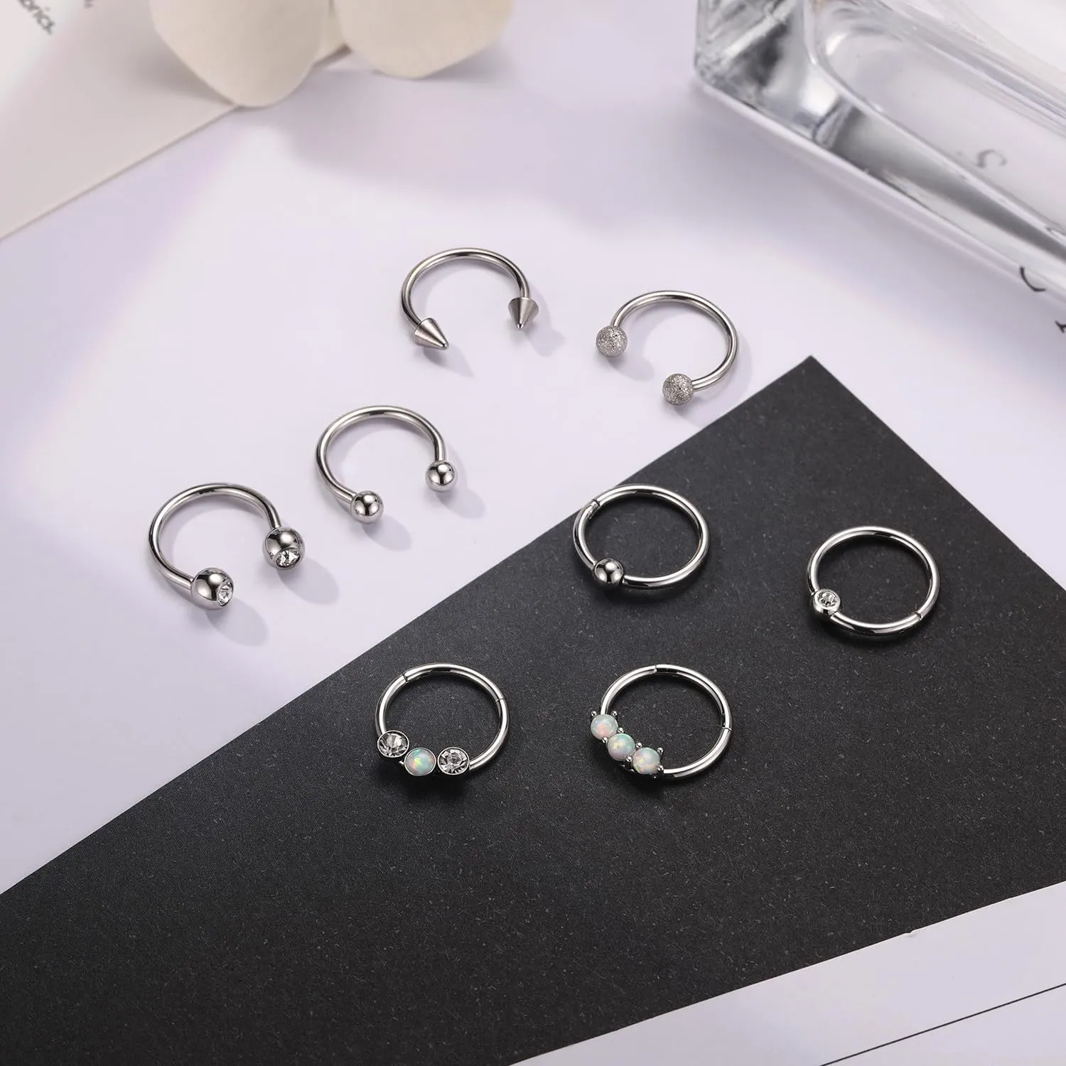 PEAKLINK 8PCS Horseshoe Septum Rings 16G Nose Hoop Rings Daith Earrings Surgical Steel Conch Cartilage Helix Hoop Earring Tragus Rook Lip Piercing Jewelry 8mm 10mm