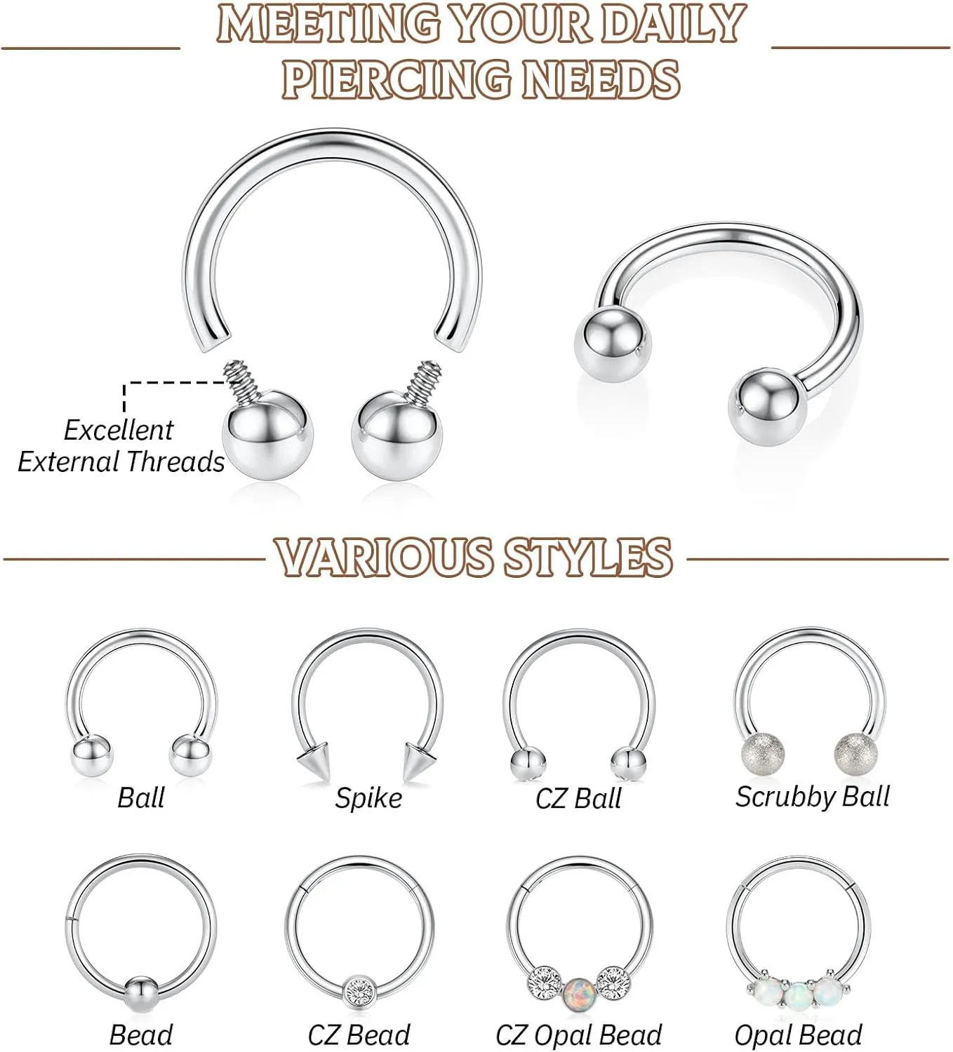 PEAKLINK 8PCS Horseshoe Septum Rings 16G Nose Hoop Rings Daith Earrings Surgical Steel Conch Cartilage Helix Hoop Earring Tragus Rook Lip Piercing Jewelry 8mm 10mm
