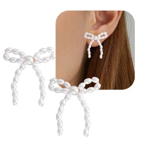 Pearl Bow Earrings for Women, Elegant Pearl Drop Earrings Ribbon Bow Knot Earrings for Girls Bow Tie Dangle Jewelry Gifts