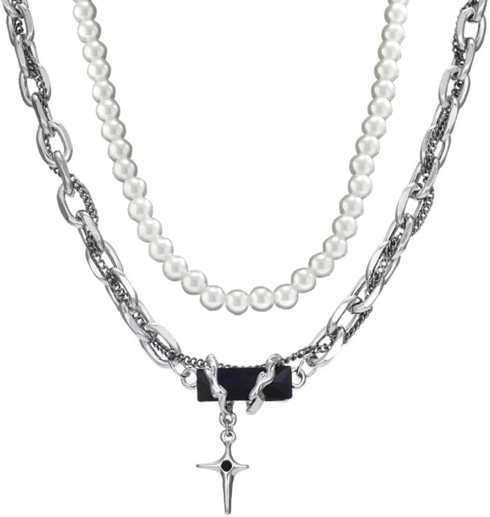 Pearl Necklace for Men Y2K Layered Cross Necklaces Mens Stainless Steel Chain Pearl Choker Compass Pendant 2/3PCS Necklaces Set for Men Women Jewelry for Father Boyfriend Husband