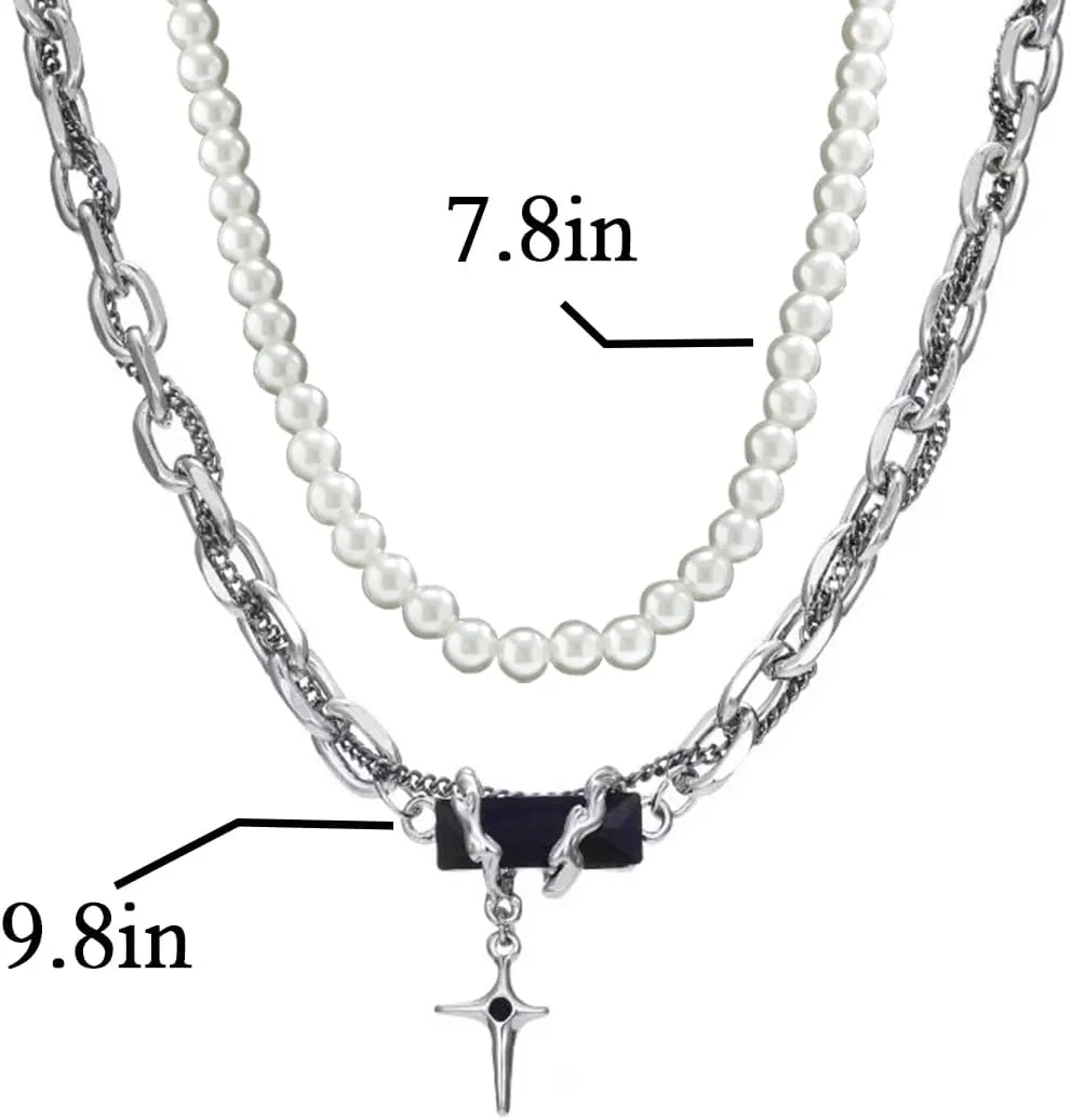 Pearl Necklace for Men Y2K Layered Cross Necklaces Mens Stainless Steel Chain Pearl Choker Compass Pendant 2/3PCS Necklaces Set for Men Women Jewelry for Father Boyfriend Husband