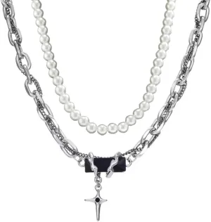 Pearl Necklace for Men Y2K Layered Cross Necklaces Mens Stainless Steel Chain Pearl Choker Compass Pendant 2/3PCS Necklaces Set for Men Women Jewelry for Father Boyfriend Husband
