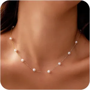 Pearl Necklaces for Women Trendy 14k Gold Plated Necklace for Women Non Tarnish Dainty Pearl Choker Necklaces for Women Cute Pearls Pendant Necklace for Wedding Bridesmaid Beach Jewelry