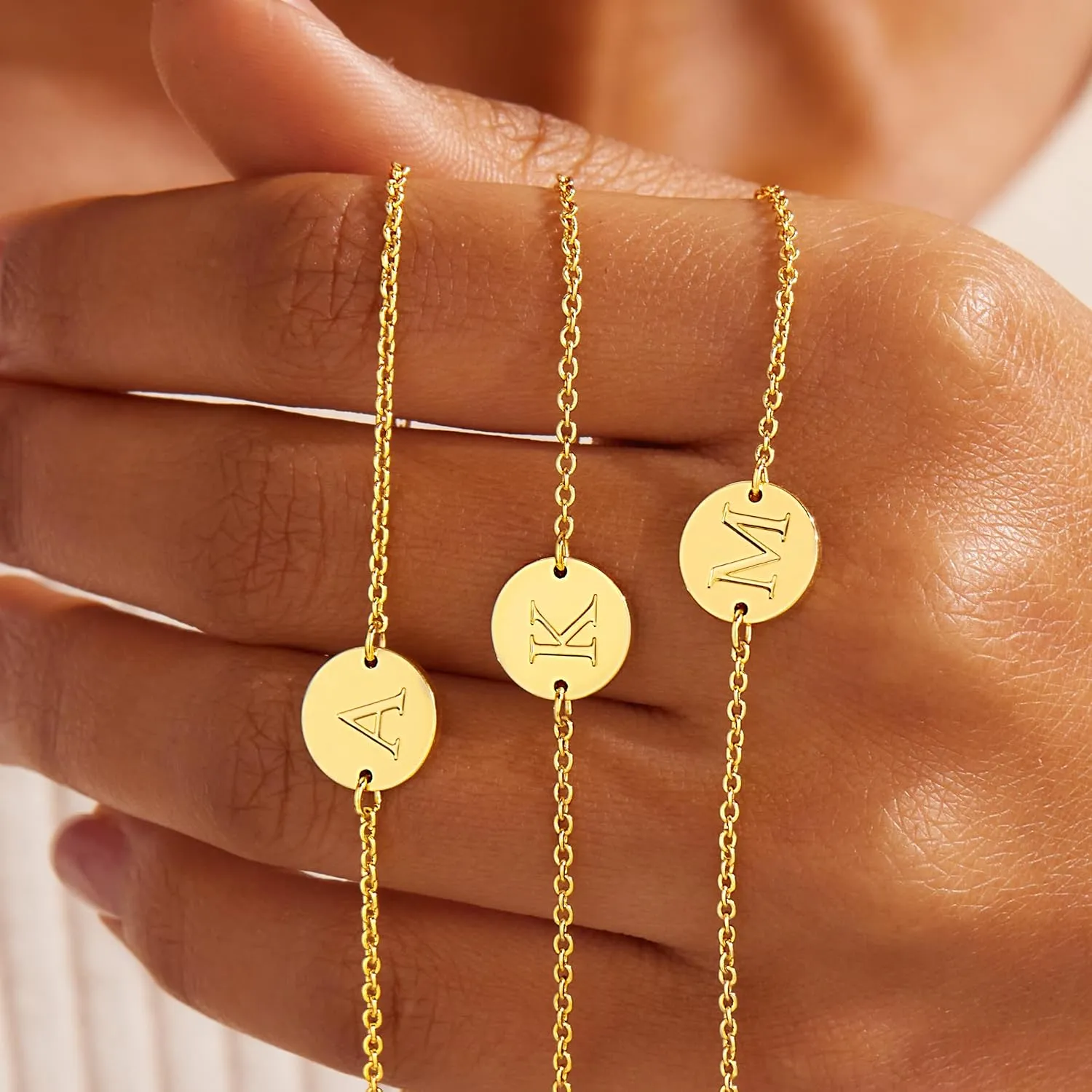 Personalized Gold Initial Bracelets for Women - Dainty 14K Gold Plated Layered Disc Monogram Charm Bracelet, Customizable A-Z Letter Jewelry Gift for Her