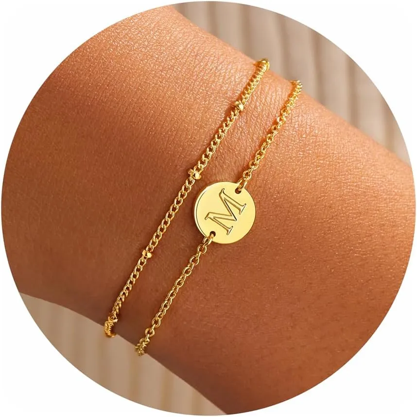 Personalized Gold Initial Bracelets for Women - Dainty 14K Gold Plated Layered Disc Monogram Charm Bracelet, Customizable A-Z Letter Jewelry Gift for Her