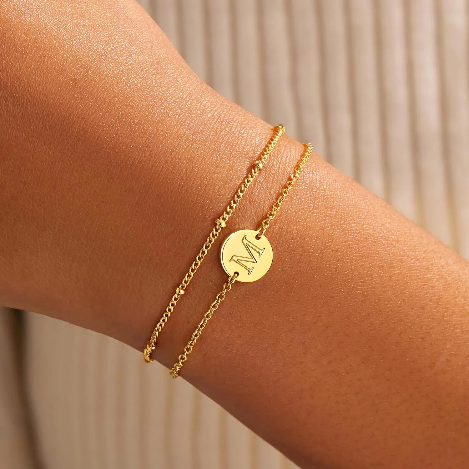 Personalized Gold Initial Bracelets for Women - Dainty 14K Gold Plated Layered Disc Monogram Charm Bracelet, Customizable A-Z Letter Jewelry Gift for Her