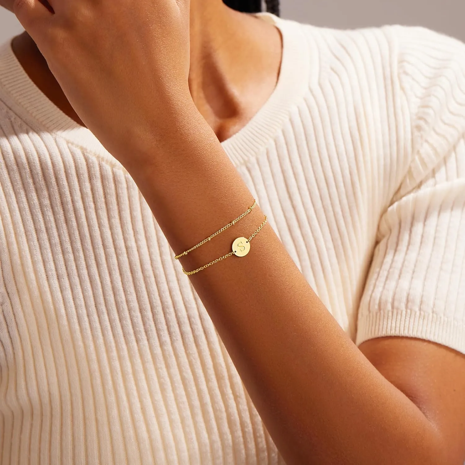 Personalized Gold Initial Bracelets for Women - Dainty 14K Gold Plated Layered Disc Monogram Charm Bracelet, Customizable A-Z Letter Jewelry Gift for Her
