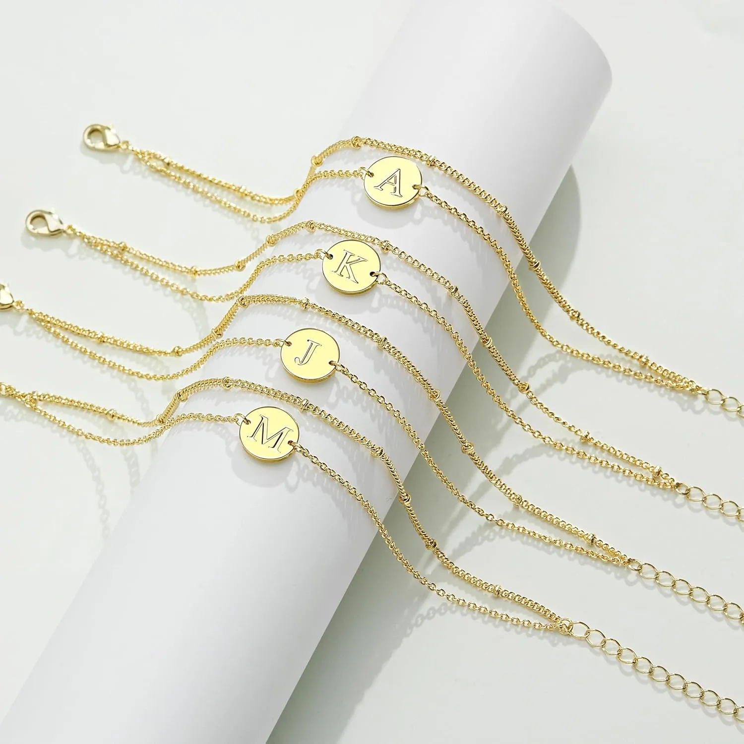 Personalized Gold Initial Bracelets for Women - Dainty 14K Gold Plated Layered Disc Monogram Charm Bracelet, Customizable A-Z Letter Jewelry Gift for Her