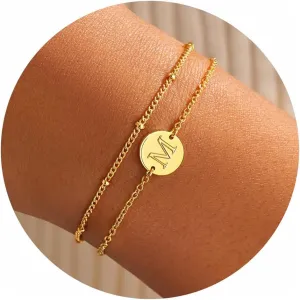 Personalized Gold Initial Bracelets for Women - Dainty 14K Gold Plated Layered Disc Monogram Charm Bracelet, Customizable A-Z Letter Jewelry Gift for Her