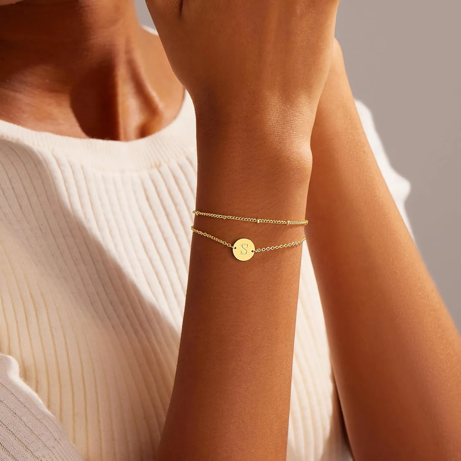 Personalized Gold Initial Bracelets for Women - Dainty 14K Gold Plated Layered Disc Monogram Charm Bracelet, Customizable A-Z Letter Jewelry Gift for Her
