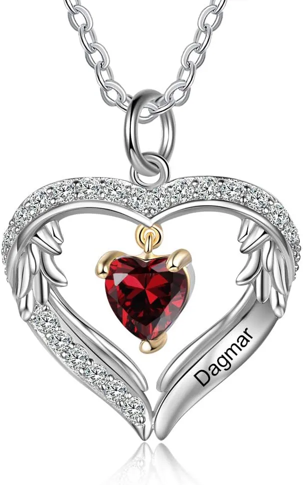 Personalized Mother Necklaces for Mom Wife - 925 Sterling Silver Birthstones Angel Wing Heart Pendant Necklace With 1-6 Stones - Custom Names Jewelry Necklaces for Women