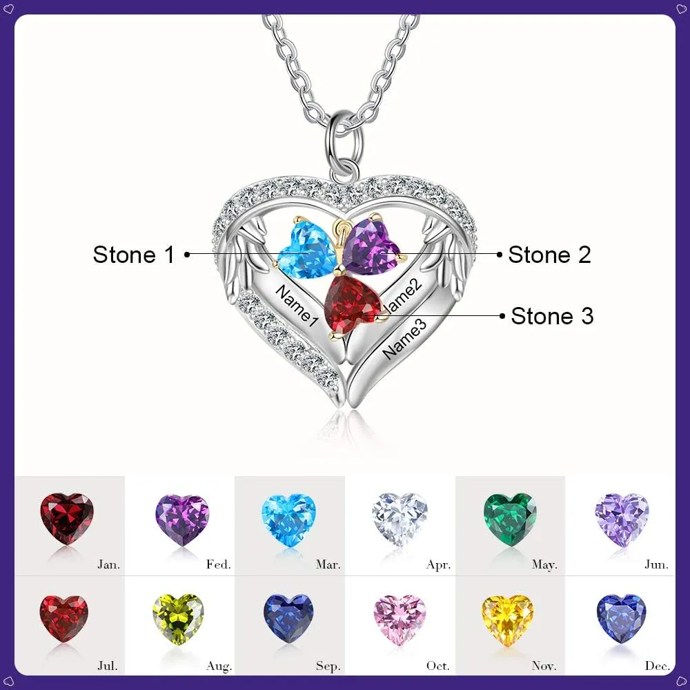 Personalized Mother Necklaces for Mom Wife - 925 Sterling Silver Birthstones Angel Wing Heart Pendant Necklace With 1-6 Stones - Custom Names Jewelry Necklaces for Women