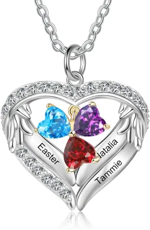 Personalized Mother Necklaces for Mom Wife - 925 Sterling Silver Birthstones Angel Wing Heart Pendant Necklace With 1-6 Stones - Custom Names Jewelry Necklaces for Women