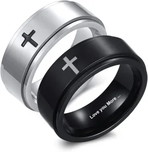 Personalized Stainless Steel Spinner Rings for Anxiety Fidget Band Rings for Women Men, Christian Cross Rings for Men ,Engraved Rings for Couples Personalized ,Promise Couple Rings Set for Him and Her