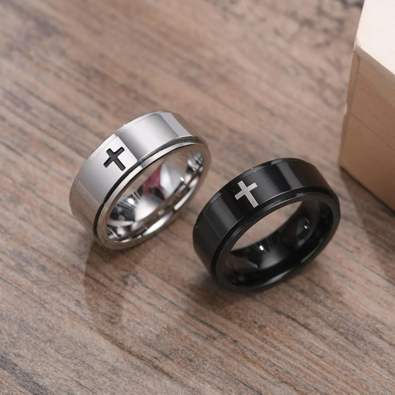 Personalized Stainless Steel Spinner Rings for Anxiety Fidget Band Rings for Women Men, Christian Cross Rings for Men ,Engraved Rings for Couples Personalized ,Promise Couple Rings Set for Him and Her