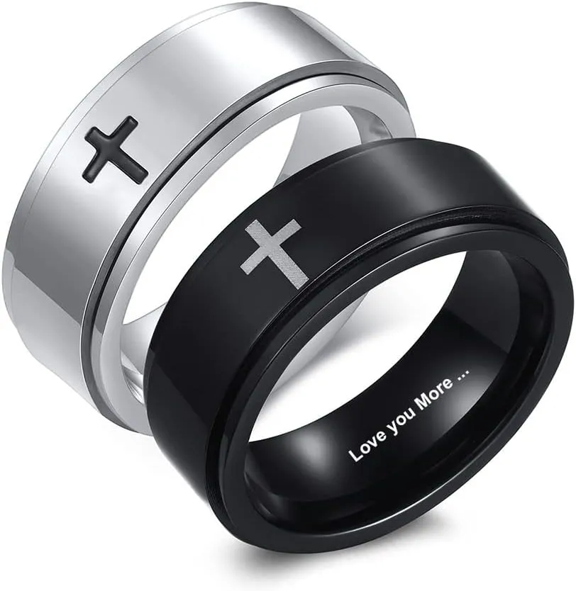 Personalized Stainless Steel Spinner Rings for Anxiety Fidget Band Rings for Women Men, Christian Cross Rings for Men ,Engraved Rings for Couples Personalized ,Promise Couple Rings Set for Him and Her