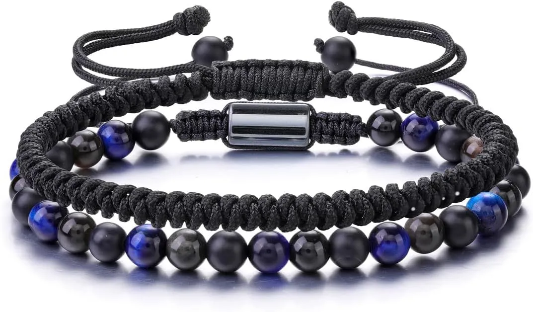 PESOENTH Mens Bracelets Obsidian Tiger Eye Bracelet For Men 6MM Natural Stone Beads Bracelet Set Braided Bracelets Adjustable Mens Bracelets Set Mens jewelry Gift for Boyfriend Dad