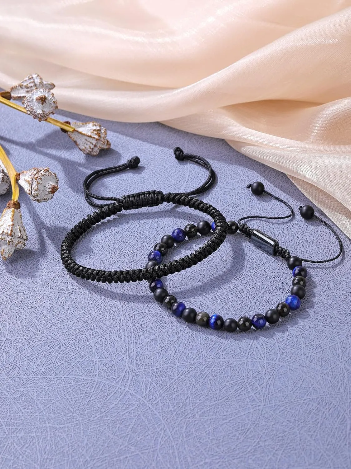 PESOENTH Mens Bracelets Obsidian Tiger Eye Bracelet For Men 6MM Natural Stone Beads Bracelet Set Braided Bracelets Adjustable Mens Bracelets Set Mens jewelry Gift for Boyfriend Dad